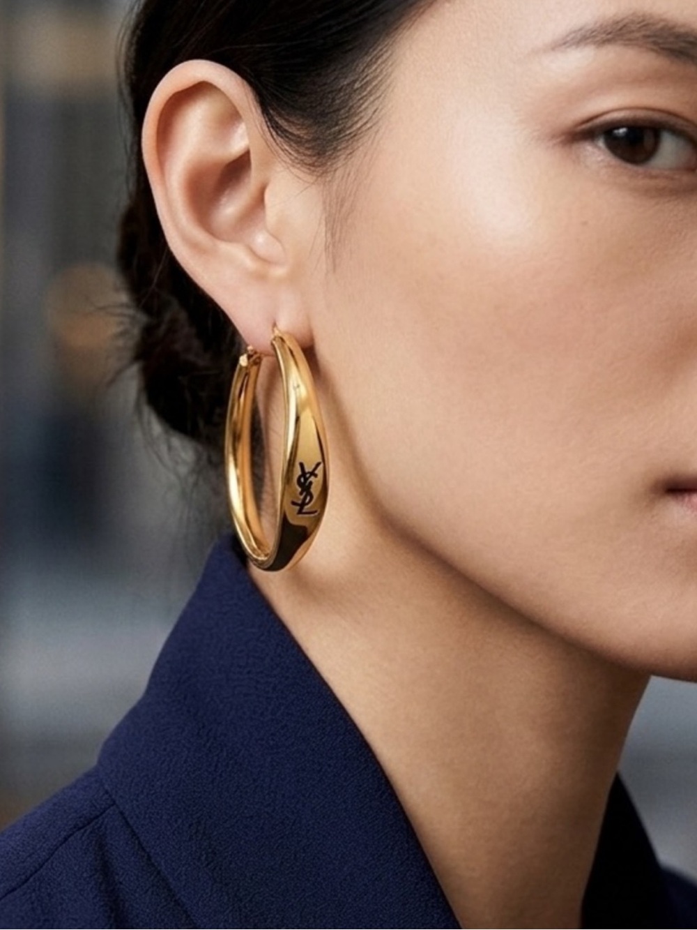 Yves Saint Laurent / YSL Gold w/ Engraved Black Logo Pierced Hoop Earrings.